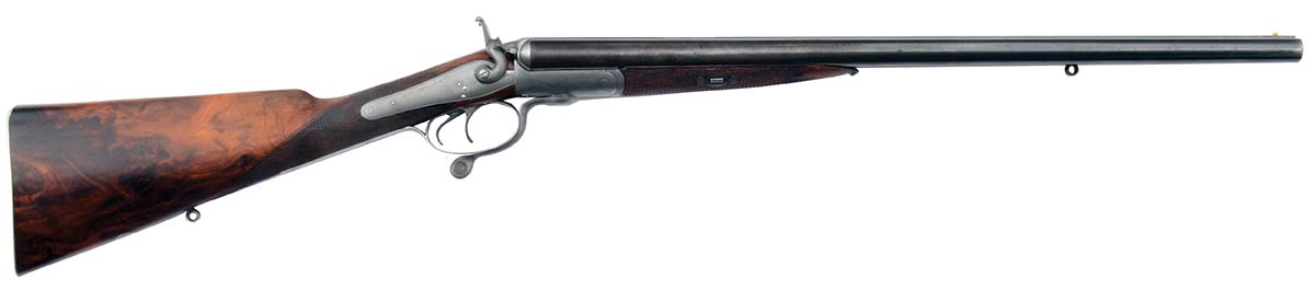 E.M. Reilly double, originally a 577 Snider double rifle, bored out to 20 gauge. Still a handy little beast. My nickname for it: The Little Thug.
